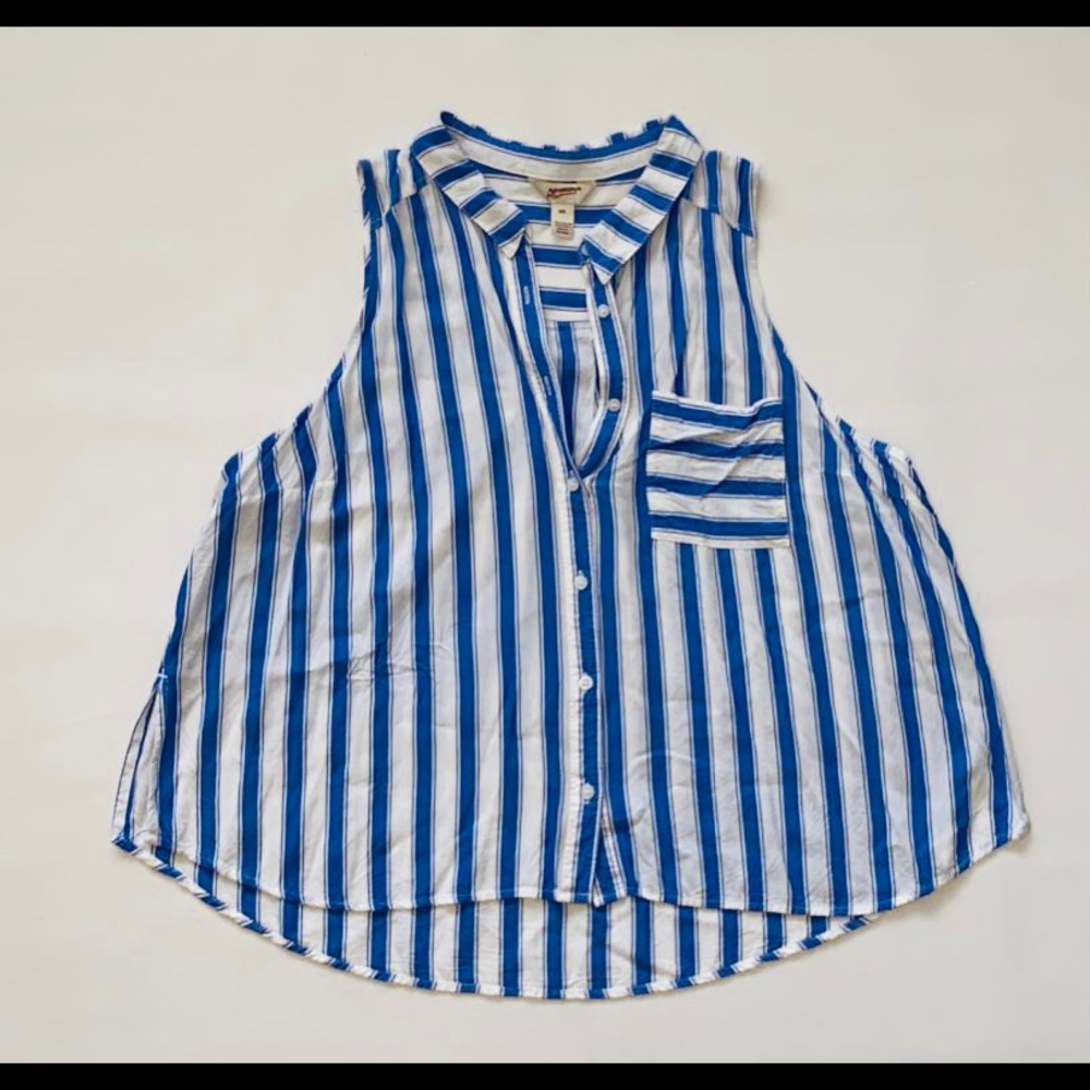 Plus size White/Blue Strip Sleeveless Top